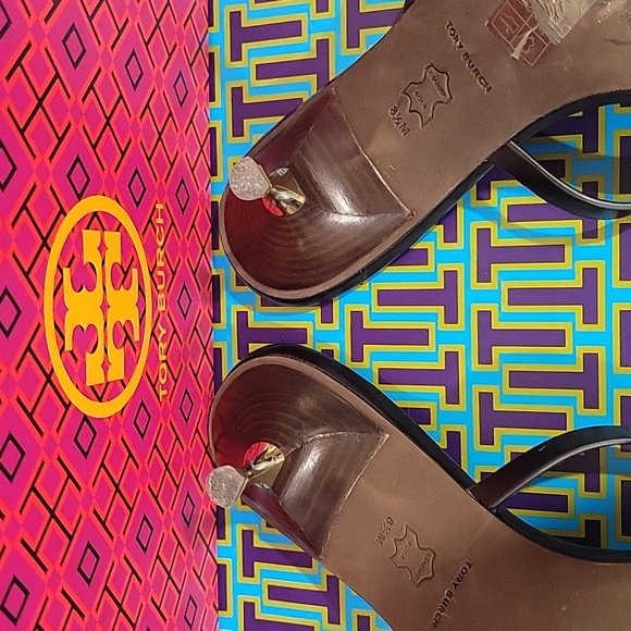 Tory Burch Geo Bombe Miller Leather Black Gold Heeled Sandals- Size 8.5 - Picture 13 of 15